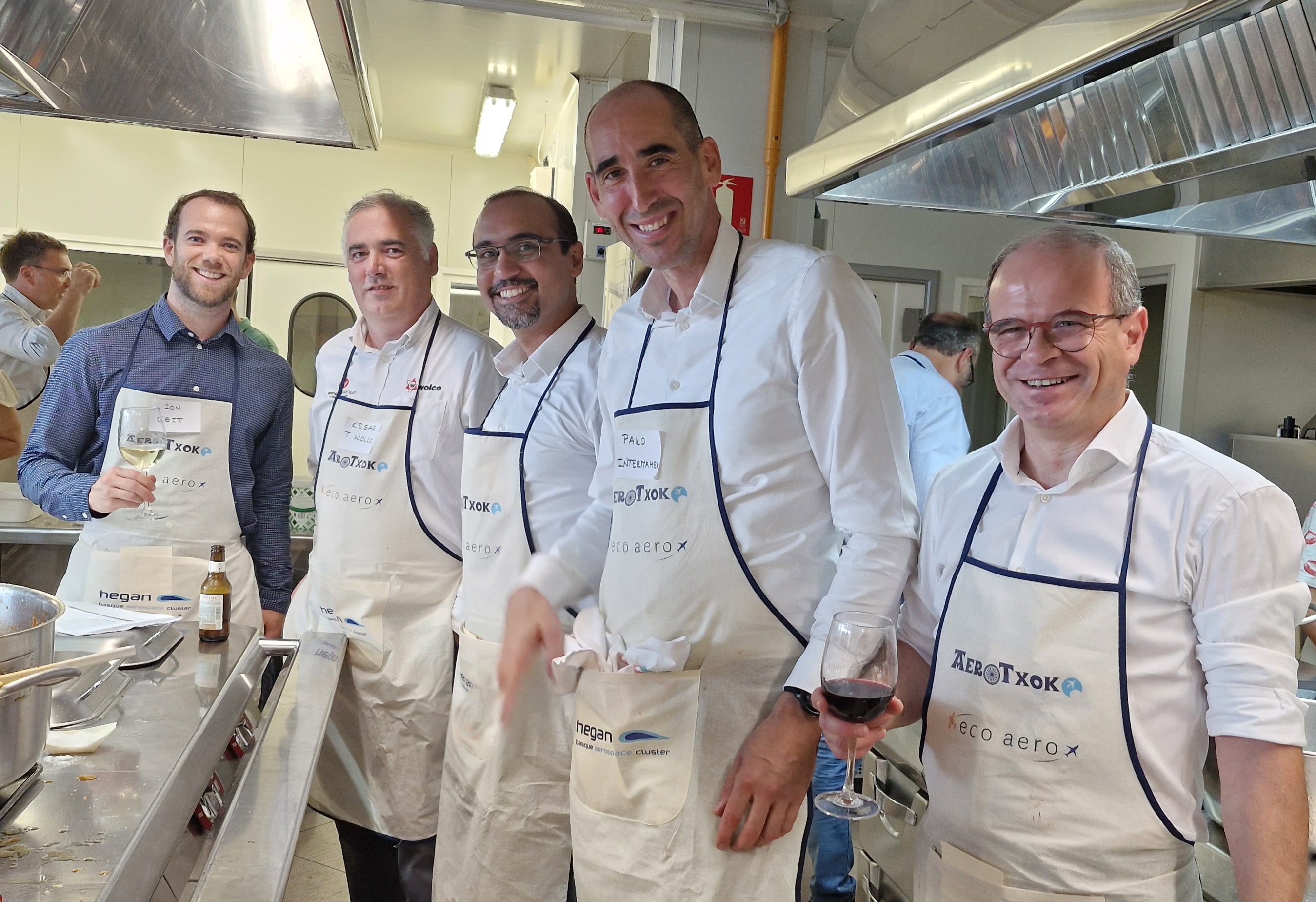 Team spirit in action during AeroTxoko 2025! From left to right: Ion Martinez de Apellaniz Goenaga (CEIT), Cesar Melzer (WOLCO), Abolfazl Shirazi (ZERUA TECH), Pako Juaristi (INTERMAHER), and Juan José Martin (AEROMEC) collaborating, and networking together.