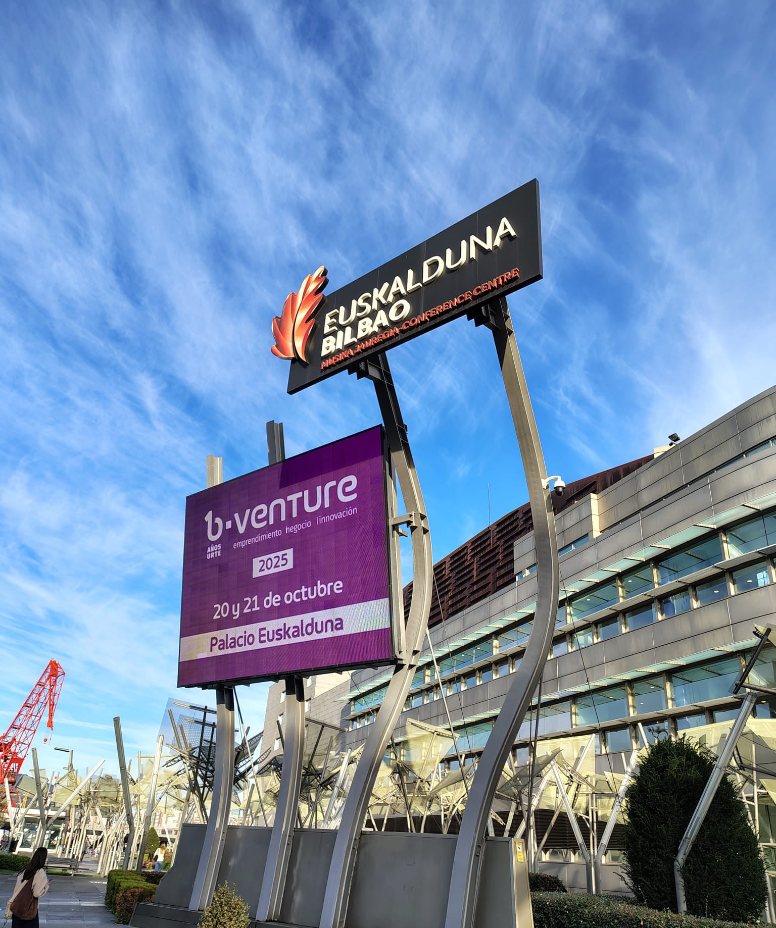 The main entrance of Palacio Euskalduna in Bilbao, hosting B-Venture 2025, a vibrant hub for entrepreneurship and innovation.
